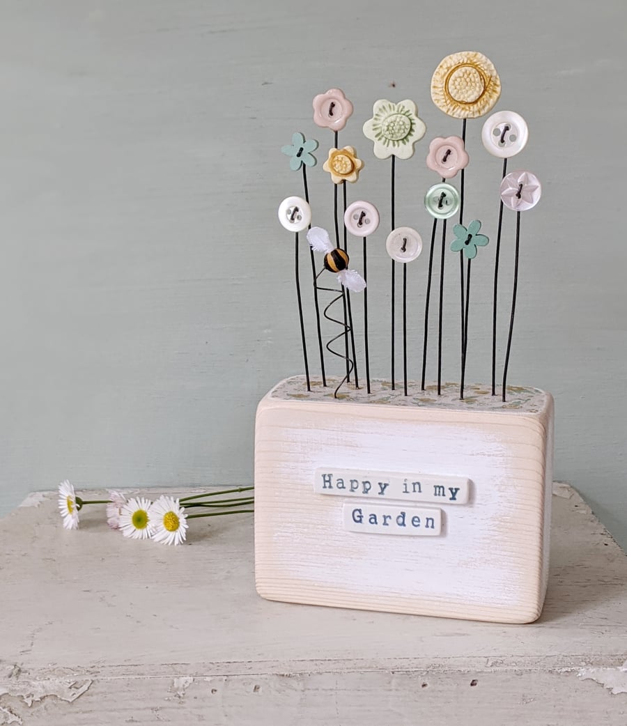 Clay and Button Flower Garden in a  Wood Block with Bee 'Happy in my Garden'