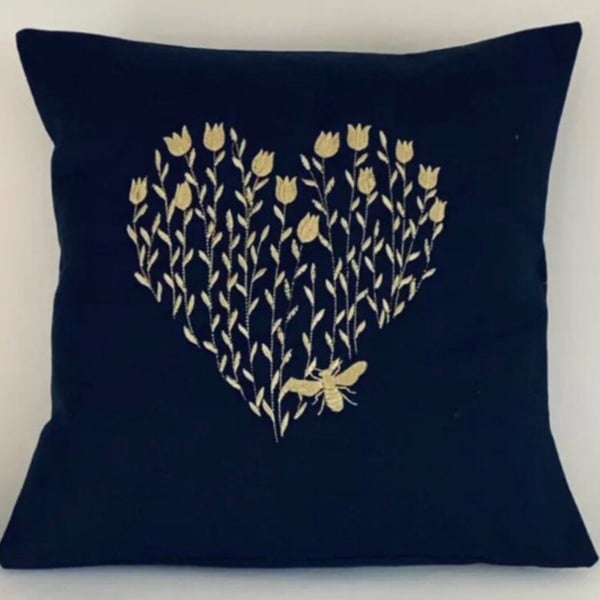 Gold Bee Heart Embroidered Cushion Cover