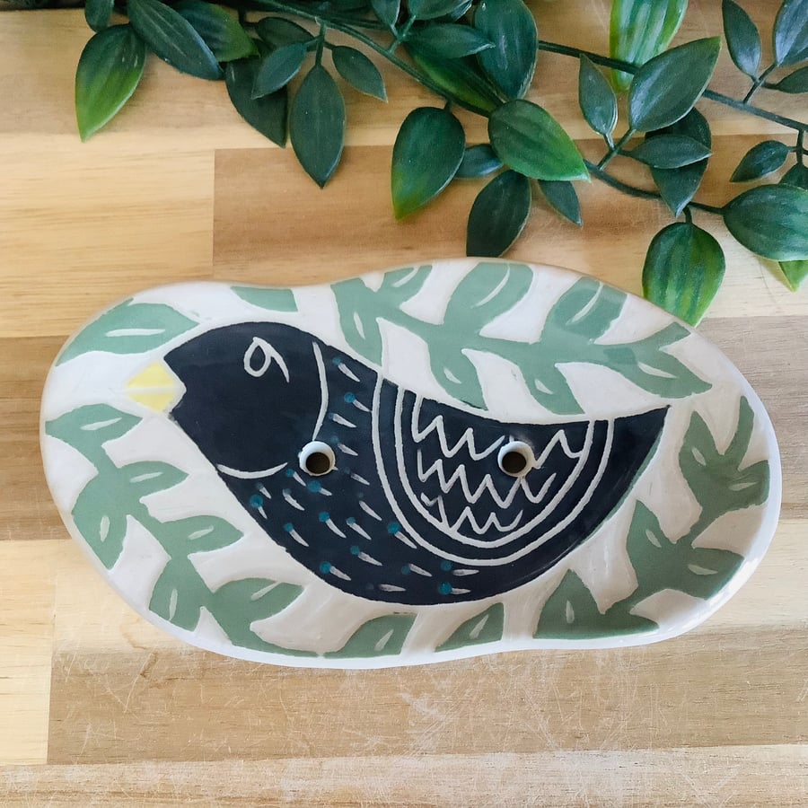 Handmade stoneware sgraffito black bird soap dish