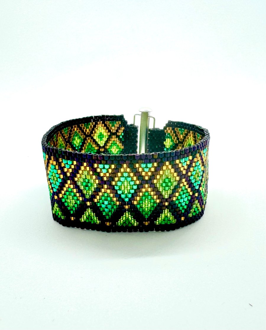 Handmade Geometric Peyote Beaded Cuff Bracelet 