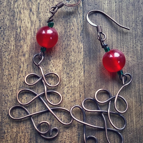 Copper Christmas Tree Earrings with Red Jade