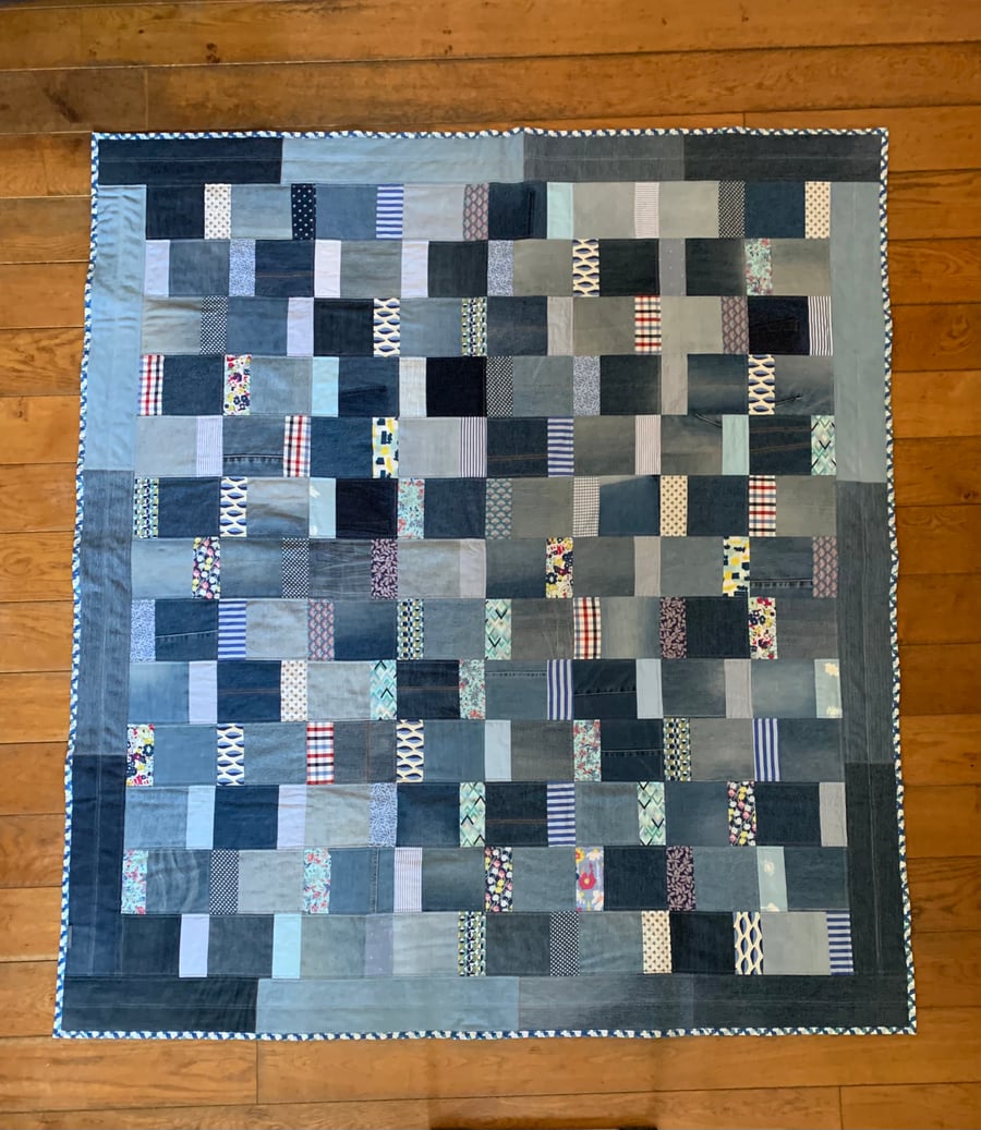 Up cycled, denim quilted throw. 