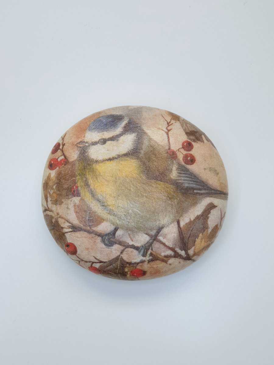 Bluetit garden bird decorated wooden pebble, gift for a bird lover