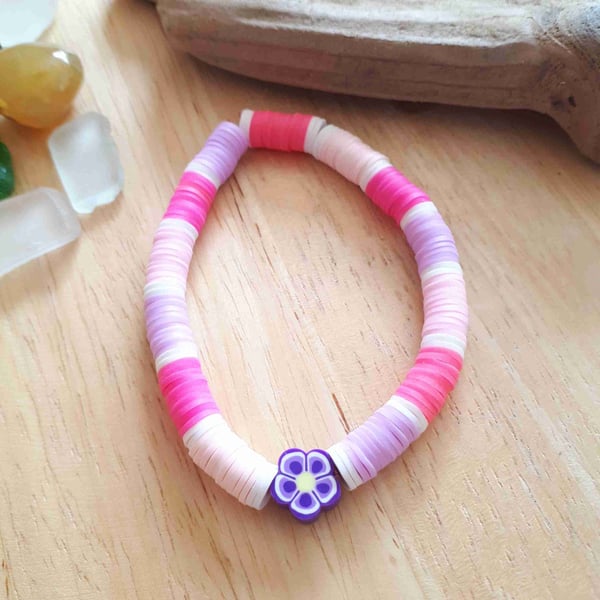 Pink & Purple Floral Clay Beaded Stretch Kids Bracelets, Length 6.5in, B47.C