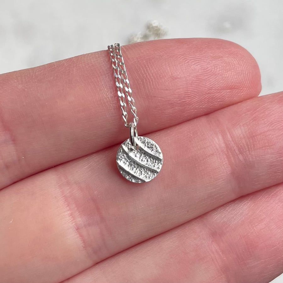 Tiny textured round pendant handmade fine silver necklace