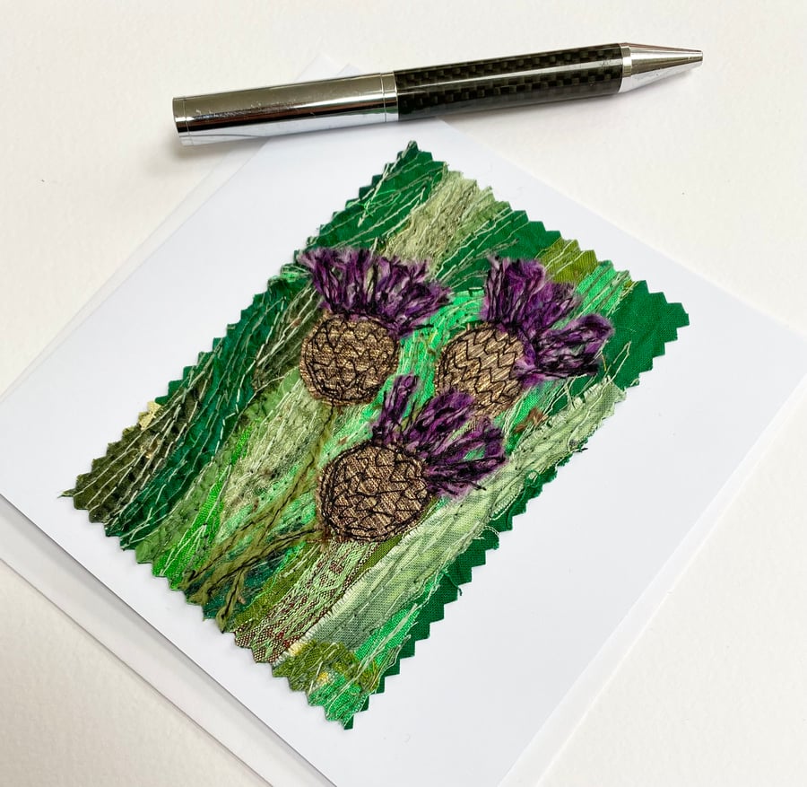 Up-cycled fabric thistle garden embroidered art card. 