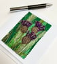 Up-cycled fabric thistle garden embroidered art card. 