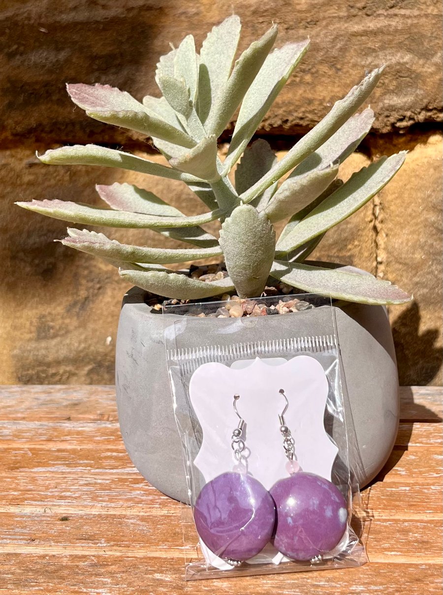 Large purple porcelain bead dangle earrings 