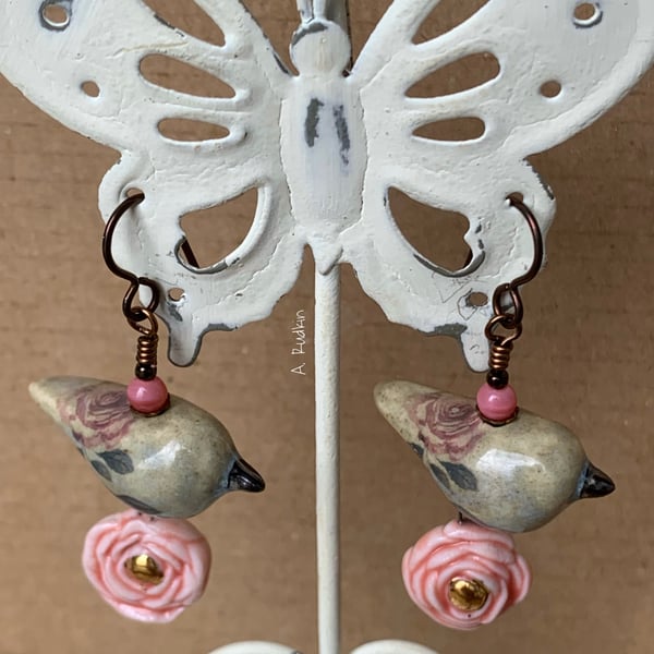 Artisan ceramic bird with rose flower dangle earrings - FREE UK P&P 
