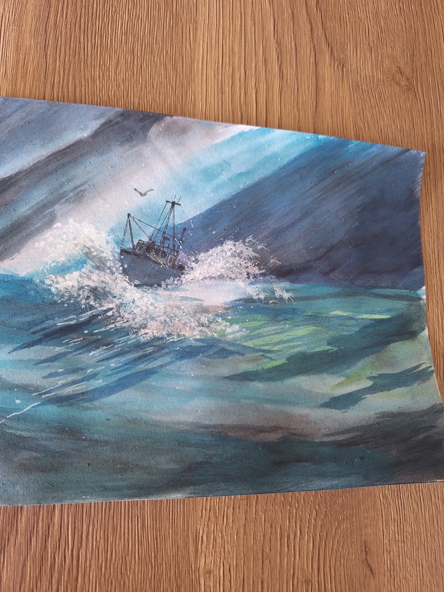Storm sea clash costal fishing boat painting 
