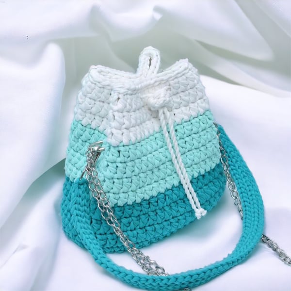 Beautiful White and turquoise Crocheted Bag 