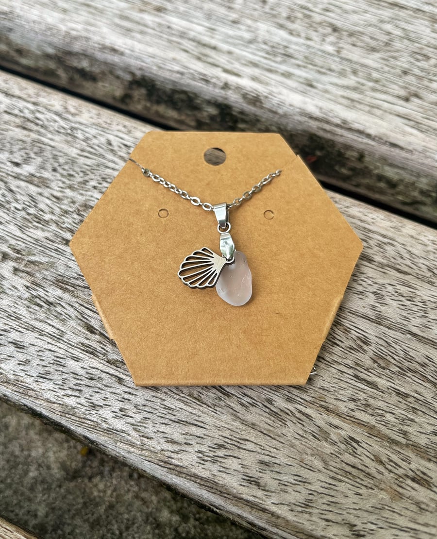Sea Glass & Shell Pendant Stainless Steel Necklace 
