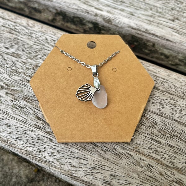 Sea Glass & Shell Pendant Stainless Steel Necklace 