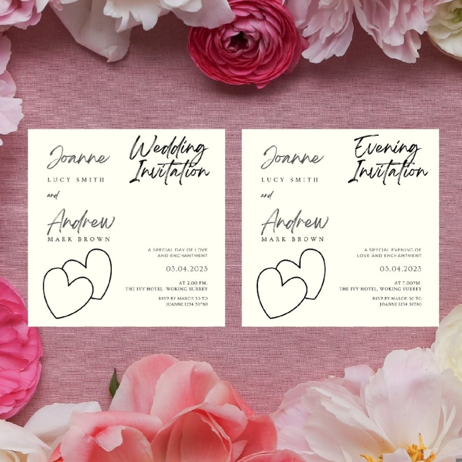 Wedding invitations and evening invitations, heart design. Classic square 
