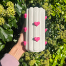 Handcrafted White Ceramic Vase with 3D Pink Hearts – Unique Funky Home Decor