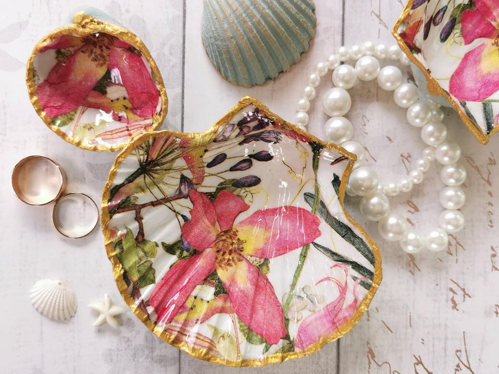 Floral Scallop Shell Trinket Dish Dish: Pink Flower Ring Bowl