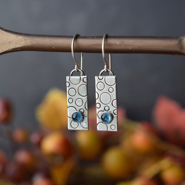 Textured Silver Dangle Earrings with Blue Topaz - Geometric Rectangle Jewellery