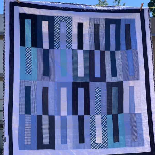 Blue and white modern geometric quilt