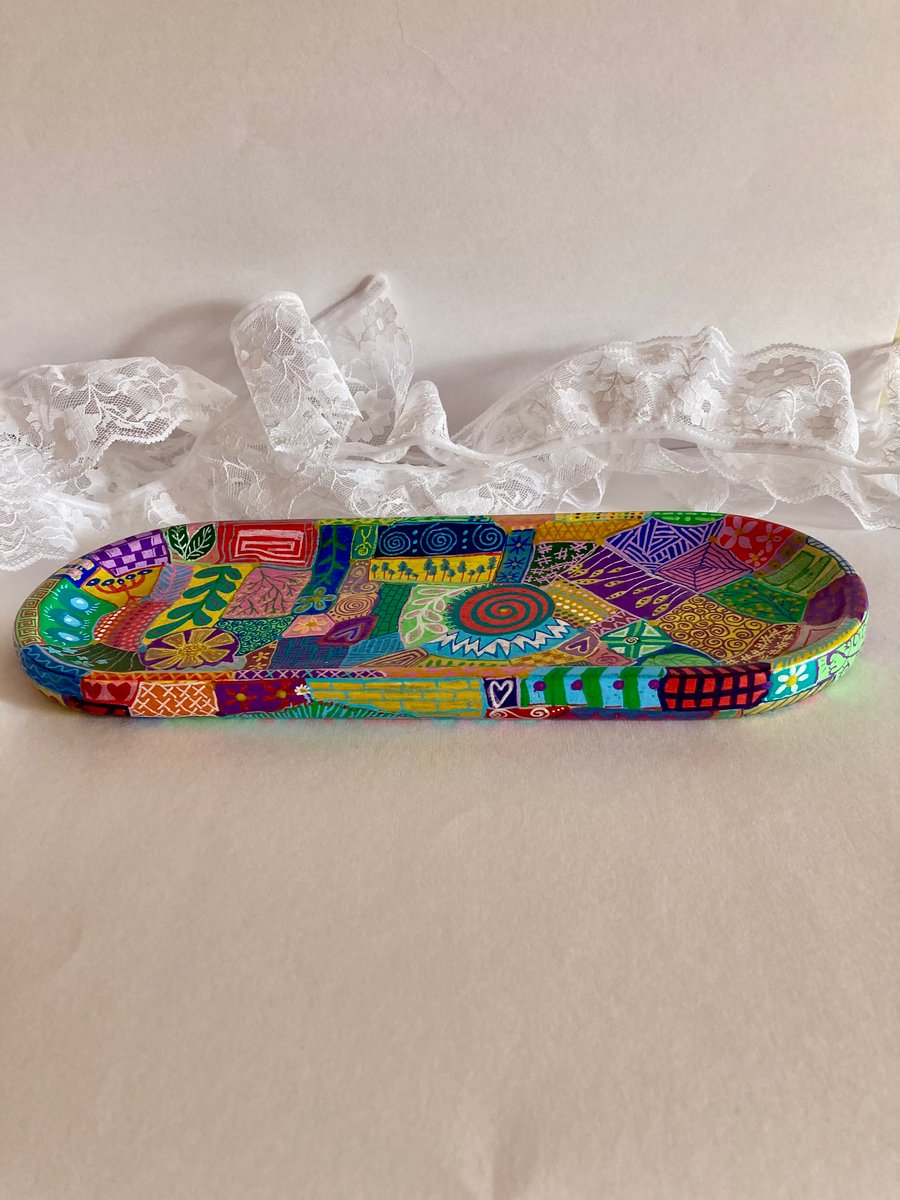 Upcycled hand painted wooden long dish
