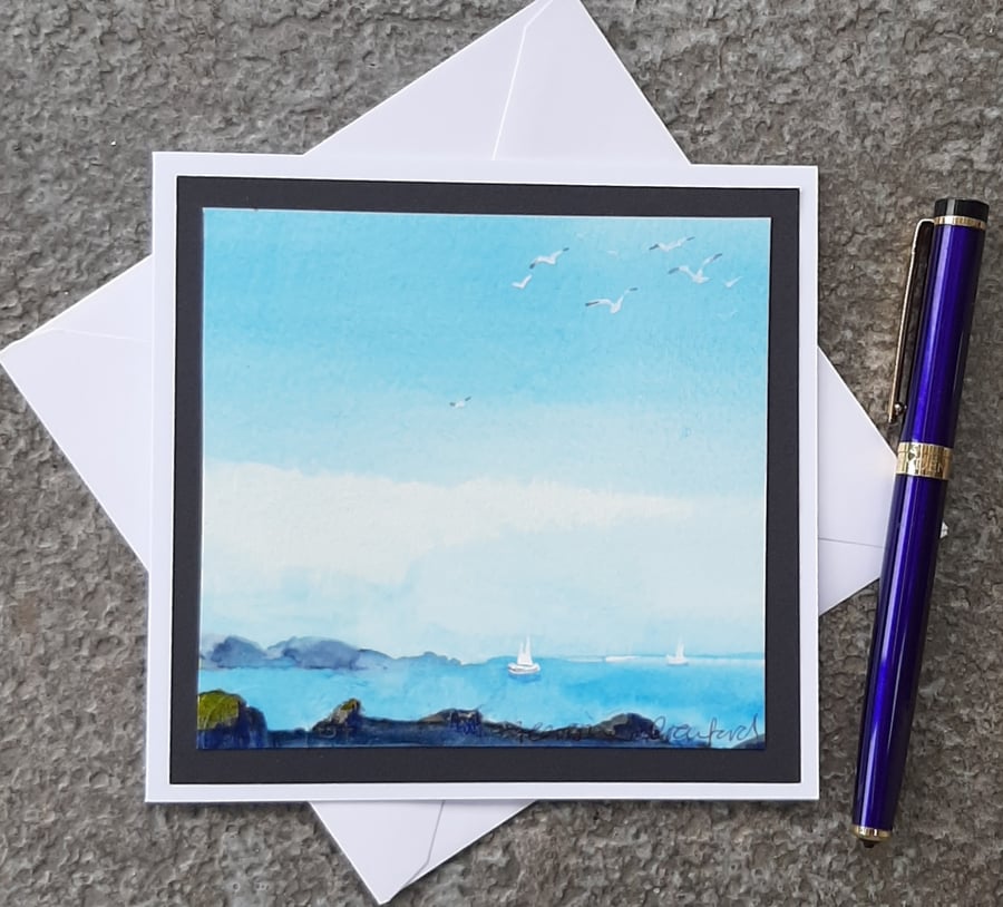 Handpainted Blank Card. Sea Yachts on the Ocean. Seascape.
