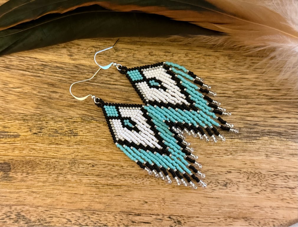 Native Southwestern style bead woven fringe earrings in turquoise and white