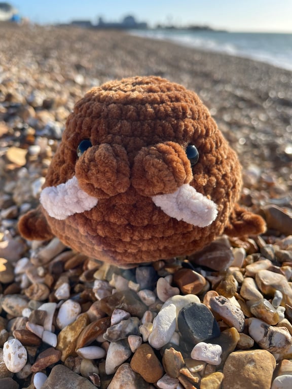Handmade Crochet Dark Brown Plushie Walrus: Soft Chenille Yarn
