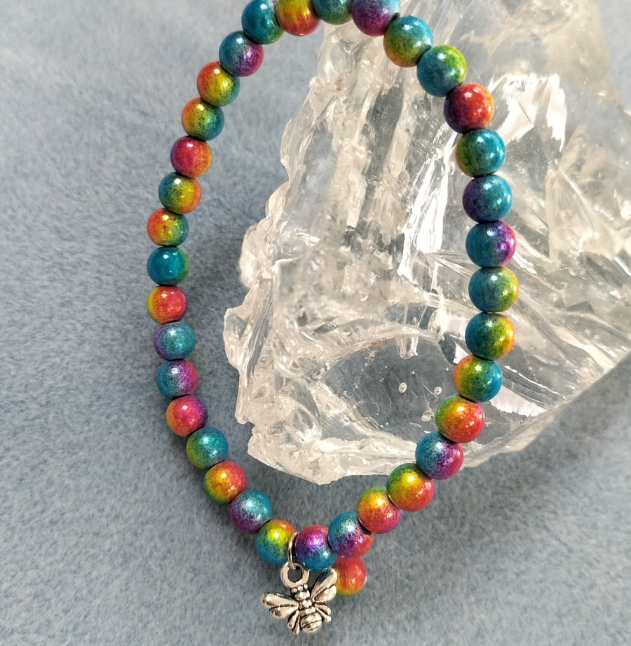 Rainbow miracle bead elasticated bracelet with bee