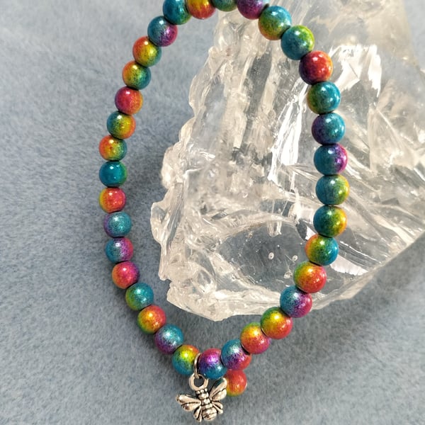 Rainbow miracle bead elasticated bracelet with bee
