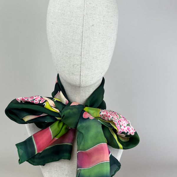 Roses and Poses - hand painted handmade silk scarf in forest green 