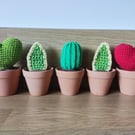 Crocheted plants in terracotta pot; Hoya, Snake Plant and Cactus