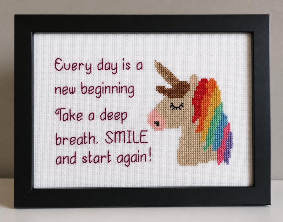 Unicorn Cross Stitch – Every Day Is a New Beginning – Inspirational Framed Gift 