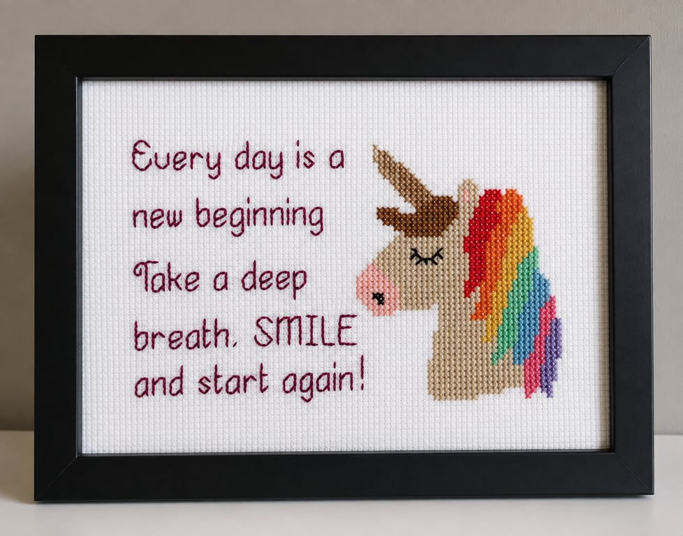 Unicorn Cross Stitch – Every Day Is a New Beginning – Inspirational Framed Gift 