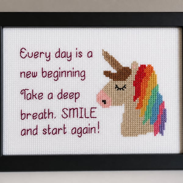 Unicorn Cross Stitch – Every Day Is a New Beginning – Inspirational Framed Gift 