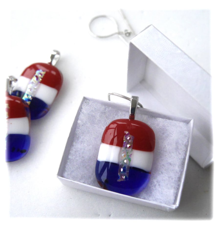  Patriotic Dichroic Glass Pendant Red White and Blue Dichroic Silver Chain