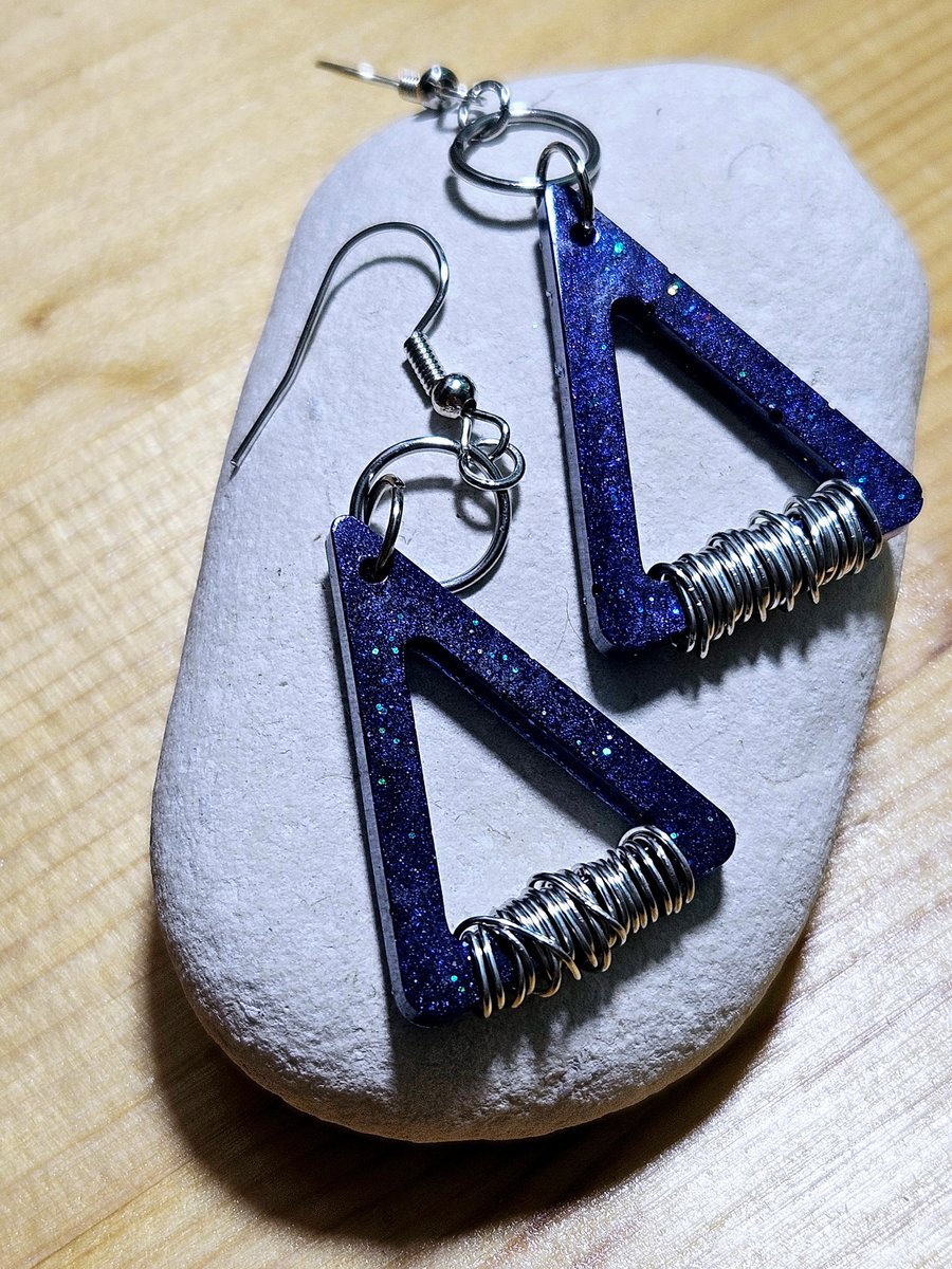 Long dark blue earrings triangle shape, stylish and unique gift idea 
