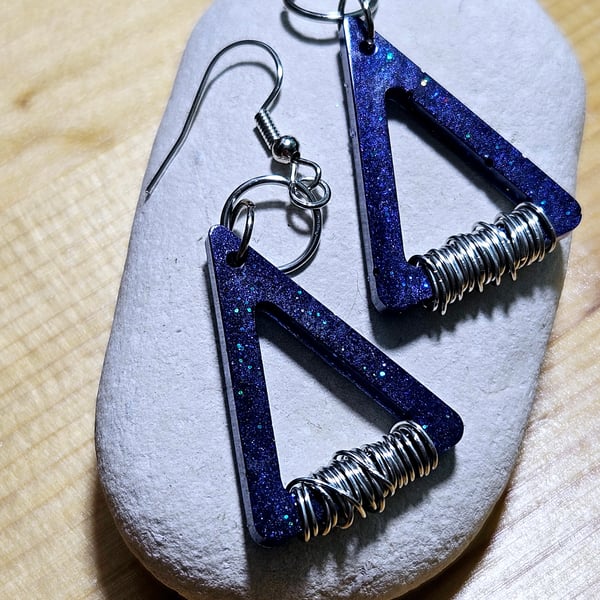 Long dark blue earrings triangle shape, stylish and unique gift idea 