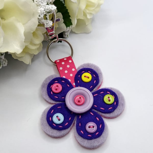Felt Flower Keyring - Lilac, Purple & Pink Keyring embellished with Buttons