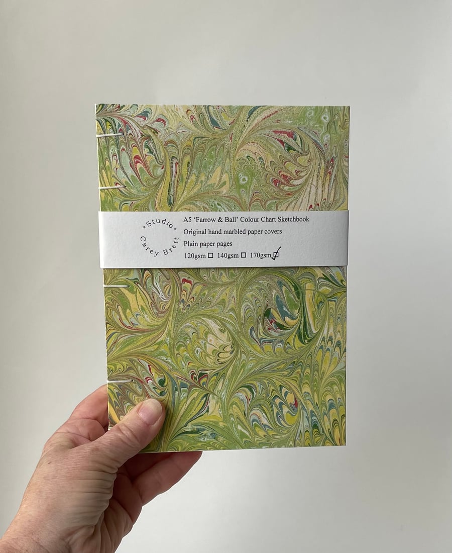 A5 Sketchbook, Hand Marbled Notebook, Unique, Original Gift, Farrow & Ball 