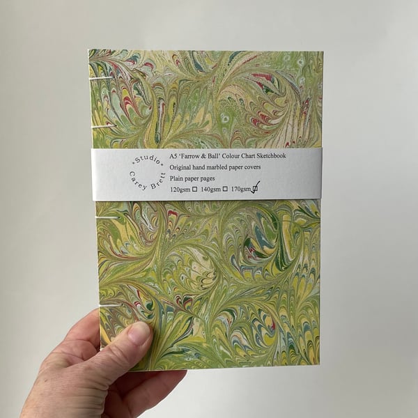 A5 Sketchbook, Hand Marbled Notebook, Unique, Original Gift, Farrow & Ball 