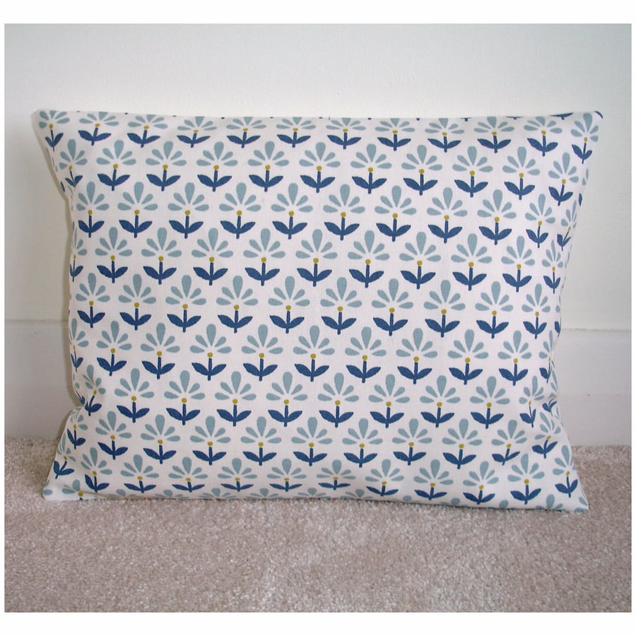 Blue Cushion Cover 12x16 inch Oblong Bolster Duck Egg Navy Ochre Flowers