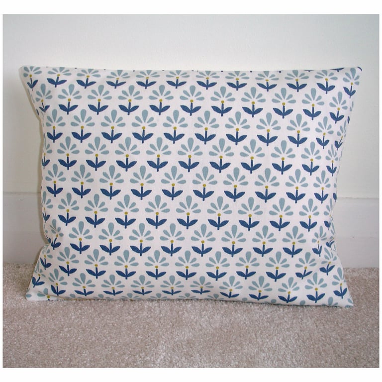 Blue Cushion Cover 12x16 inch Oblong Bolster Duck Egg Navy Ochre Flowers