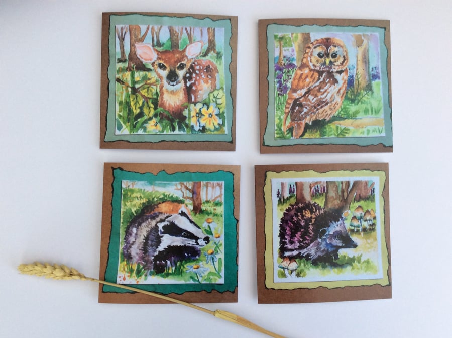 Card prints of original watercolour paintings of badger, owl, hedgehog, deer