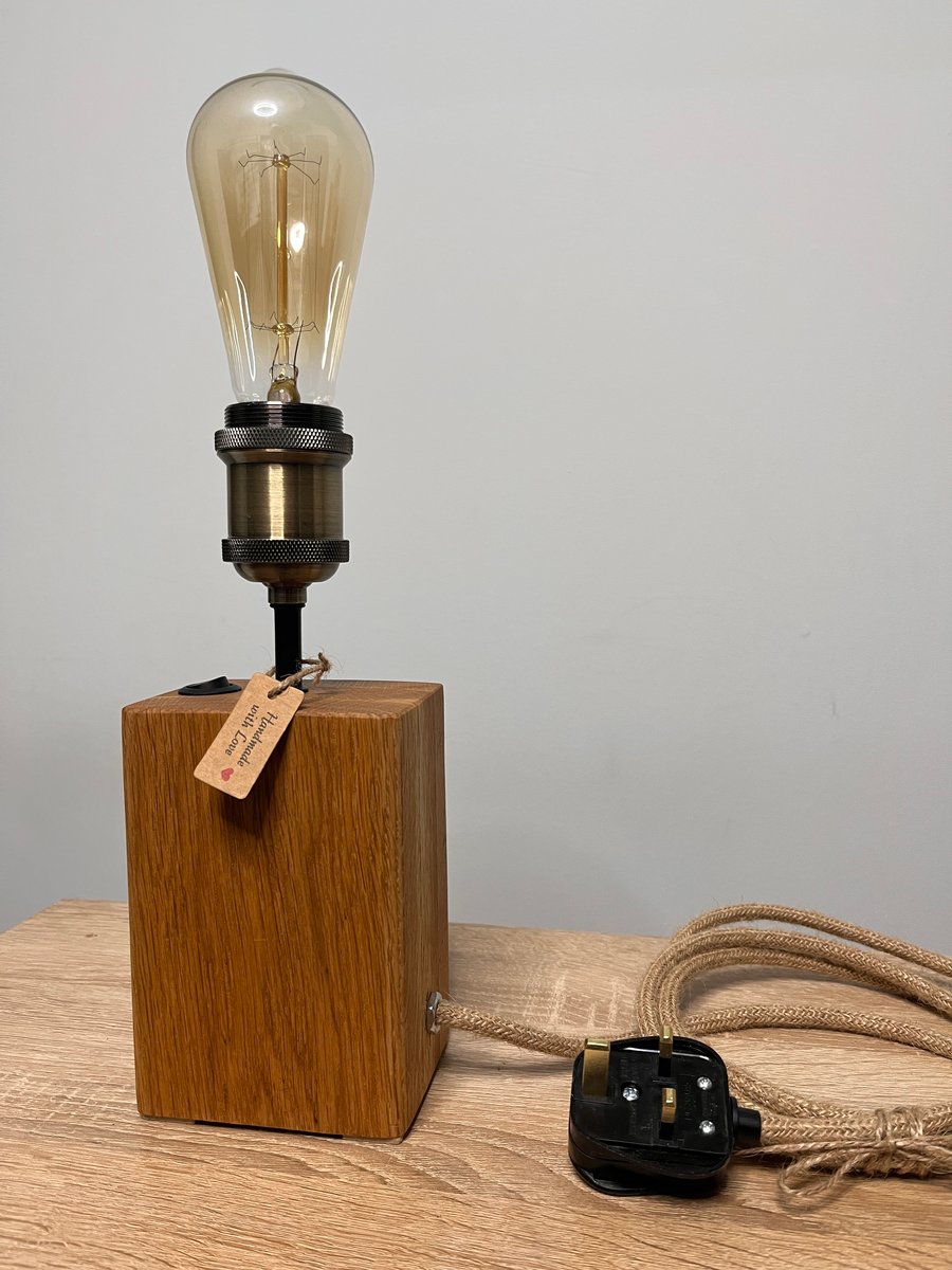 Handmade Solid Oak Block Lamp with Edison Bulb