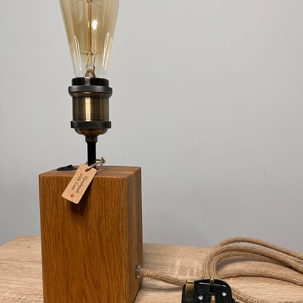 Handmade Solid Oak Block Lamp with Edison Bulb