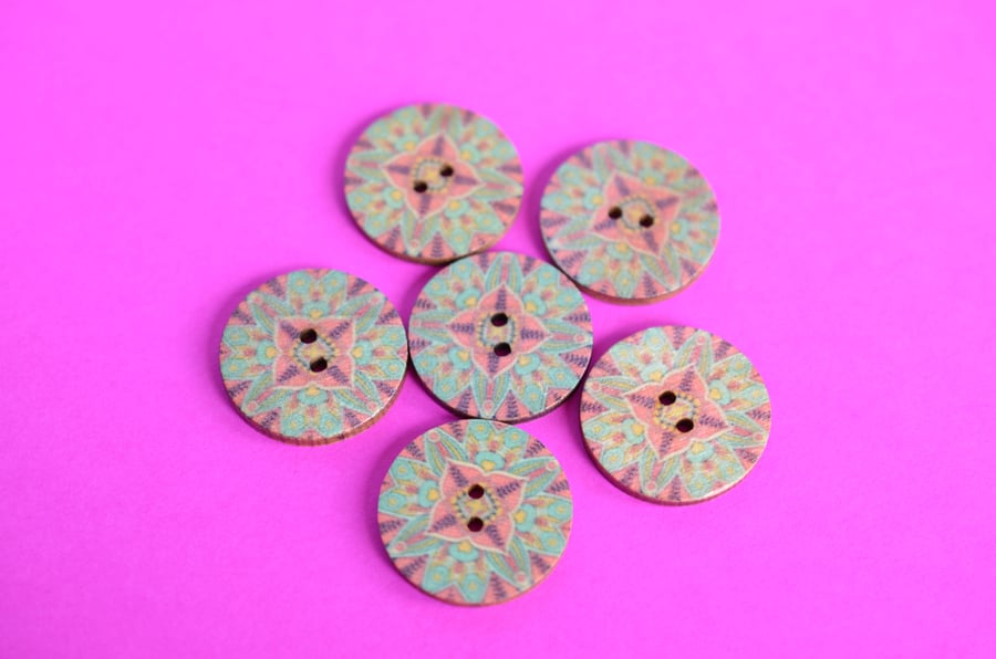 Wooden Mandala Patterned Buttons Pink Aqua 6pk 25mm (M4)