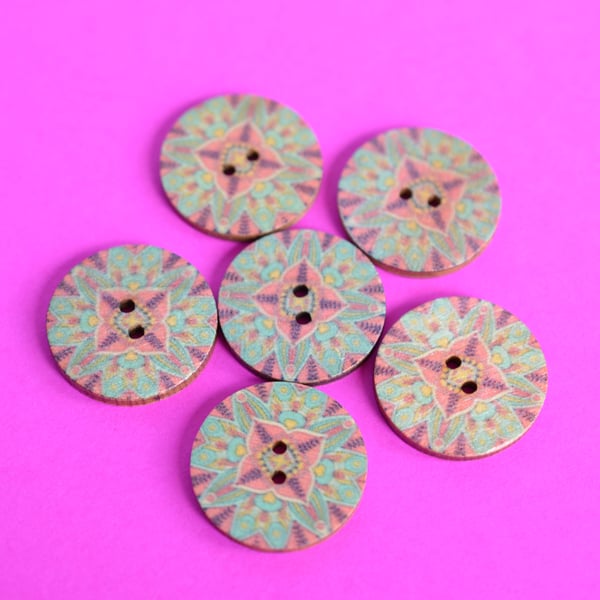 Wooden Mandala Patterned Buttons Pink Aqua 6pk 25mm (M4)