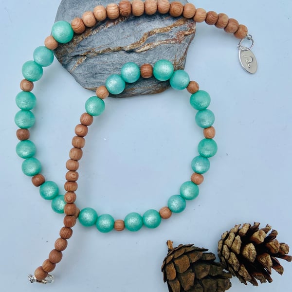 Pale Green Polaris & Rosewood Bead Necklace with Sterling Silver Detail