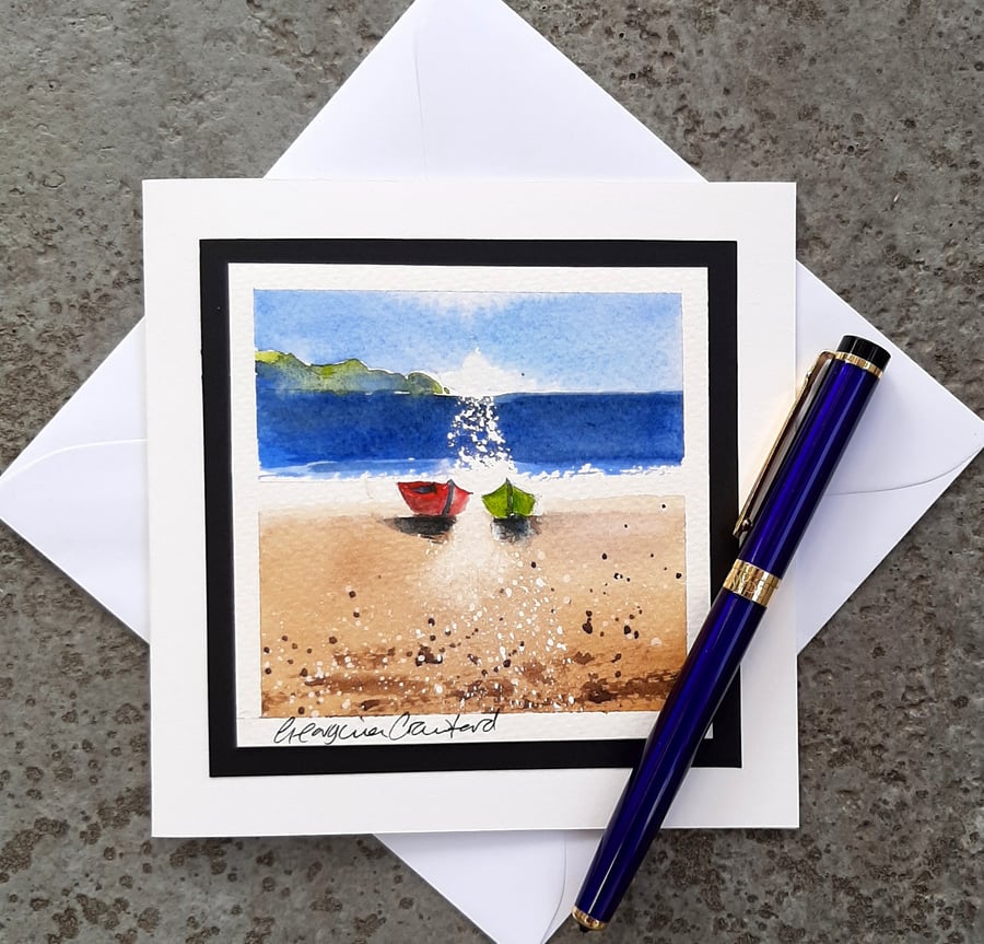 Handpainter Blank Card. Boats by the Sea. The  Card That's Also A Keepsake