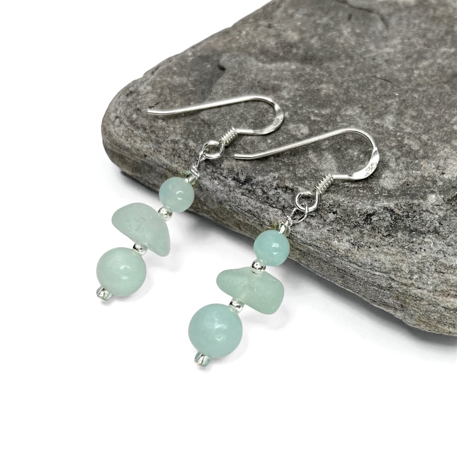 Sea Glass Earrings. Green Amazonite Crystal Dangly Earrings - Sterling Silver