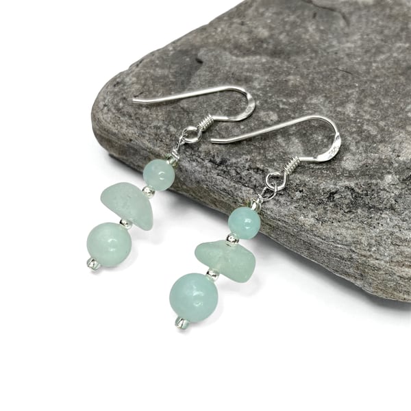 Sea Glass Earrings. Green Amazonite Crystal Dangly Earrings - Sterling Silver